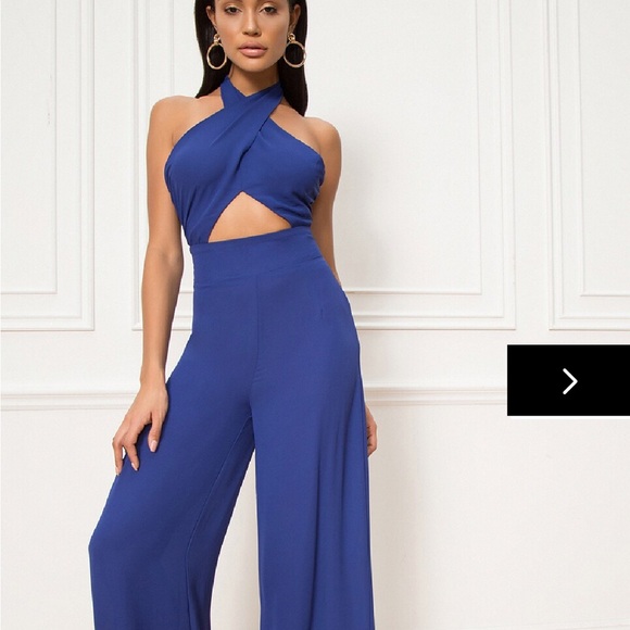 superdown Pants - Superdown Adelia halter jumpsuit blue cut outs wide leg lightweight size medium